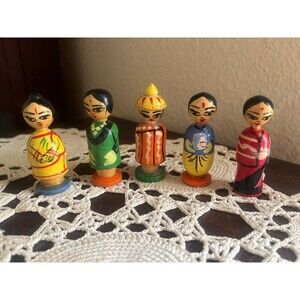 5 Vintage Wooden Indian Hand Painted Dolls